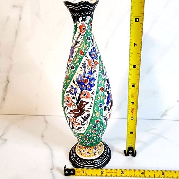 Vintage Persian Hand-Painted Metal Vase with Textured Flowers & Bird 8.5" - Picture 6 of 8
